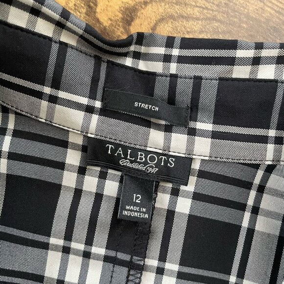 Talbots Womens Blouse Sz 12 Black White Plaid Stretch Cotton Faux Wrap Top Shirt - Picture 7 of 7